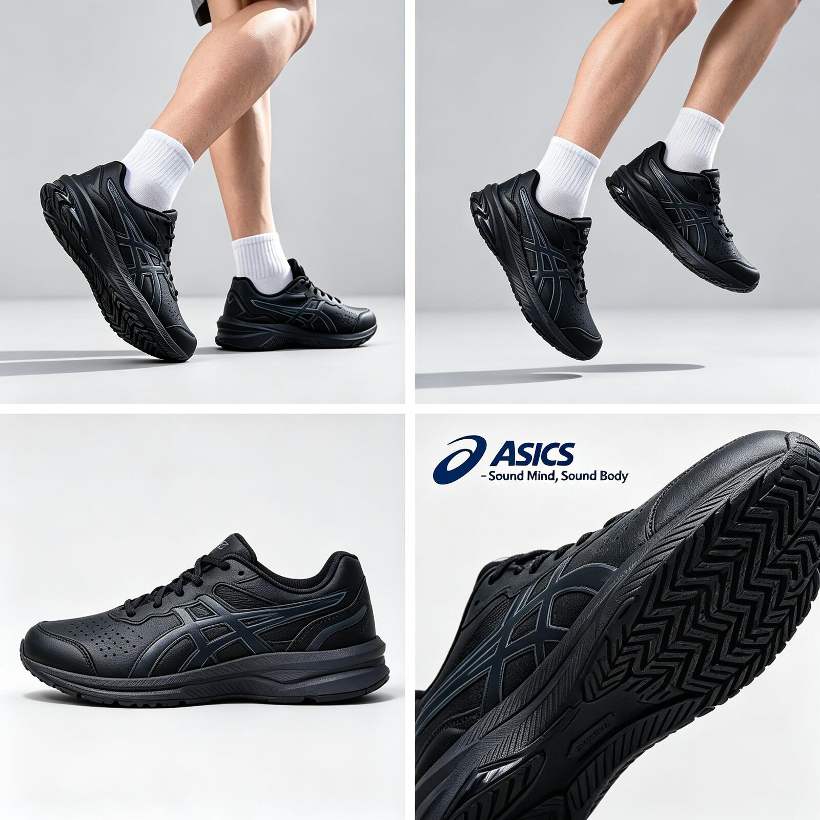 Running Gear Asics - ASICS รองเท้าวิ่งผู้ชายหนังส่วนบนที่สวมใส่สบายทนทานแบบผูกเชือกรองเท้าผ้าใบกีฬาลำลอง 1131A059-001