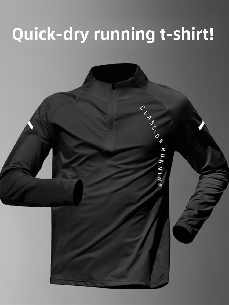 Running Gear Outdoor - เสื้อยืดแขนยาวผู้ชาย แห้งเร็ว ซิปครึ่งตัว สำหรับวิ่ง ออกกำลังกาย ปั่นจักรยาน