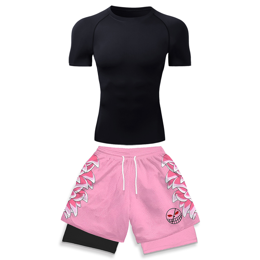 High And Running Gear - ชุดออกกำลังกายยืดหยุ่นสูงสำหรับผู้ชาย เสื้อยืดสีขาวแบบรัดรูป & กางเกงวิ่งขาสั้นพิมพ์ลายกราฟิก 3 มิติสีชมพู