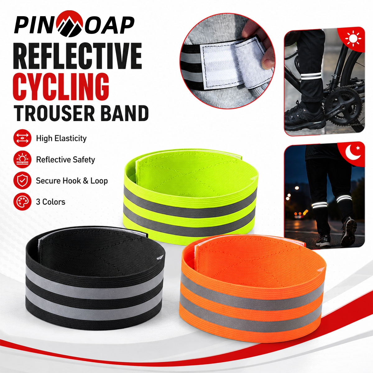 Running Gear Outdoor - PINMOAP 1/2 ชิ้น สายรัดขาจักรยานแบบสะท้อนแสง คลิปหนีบกางเกง สายรัดข้อเท้า